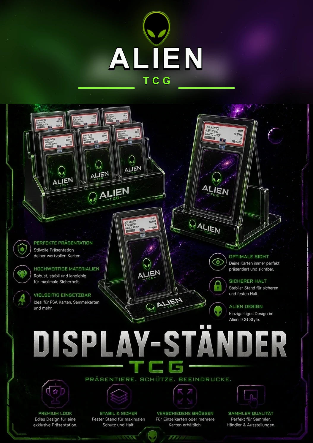 Displayständer für TCG Zubehör, Sammelkarten und Graded Cards von Alien TCG